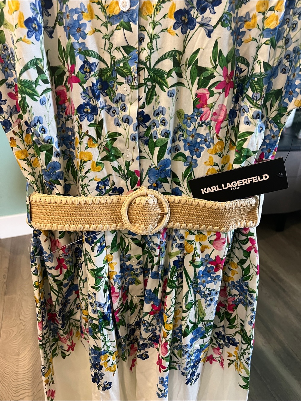 Karl Lagerfeld Cream Floral Shirt Dress with Multicolor Blooms - Picture 4 of 10